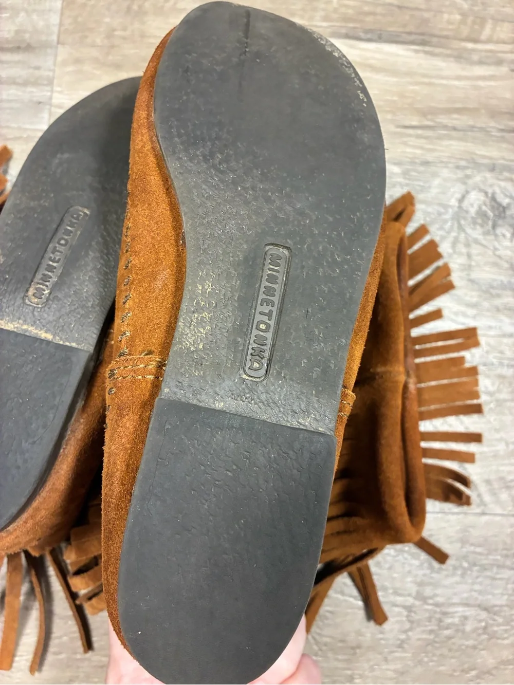 Minnetonka Three Fringe Suede Moccasin Pull On Western Boots Mid Calf